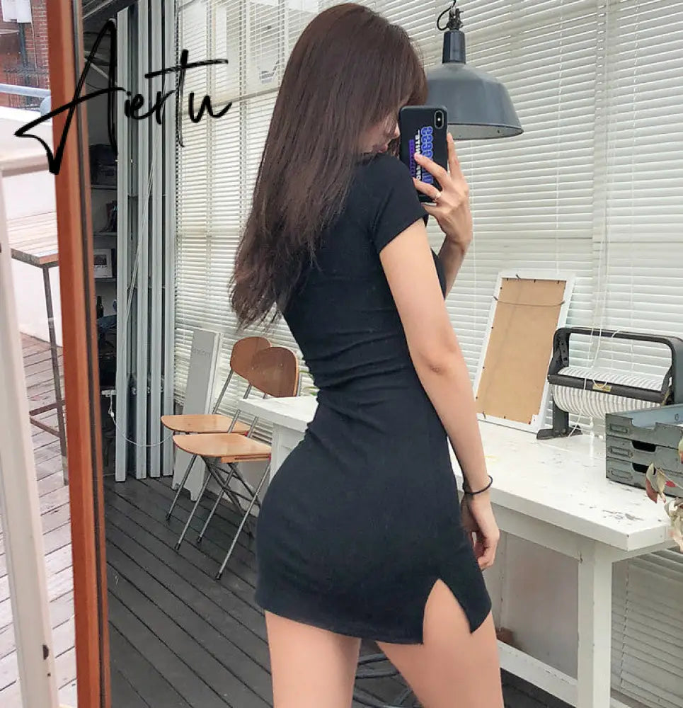 Aiertu new buttons Summer Dress Black white Short Sleeve mini Dress Women Casual Slim High Elastic Bodycon Sexy Party Dresses Vestidos Aiertu
