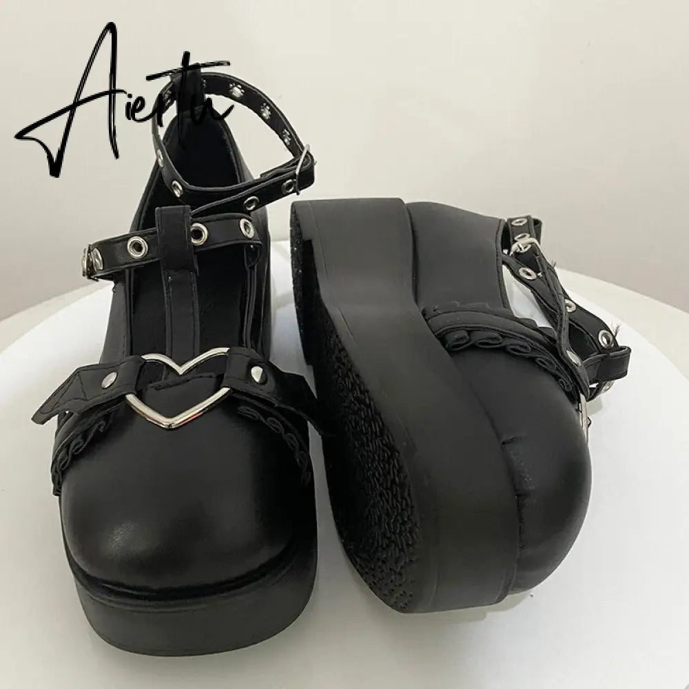 Aiertu New Chunky Platform Lolita Shoes Woman Flats Sweet Heart Buckle Mary Janes Shoes Pink T-Strap Punk Gothic Cosplay Shoes 35-43 Aiertu