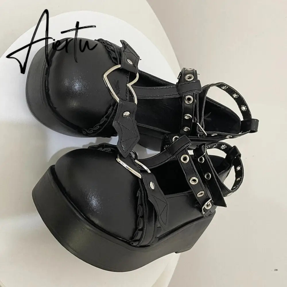 Aiertu New Chunky Platform Lolita Shoes Woman Flats Sweet Heart Buckle Mary Janes Shoes Pink T-Strap Punk Gothic Cosplay Shoes 35-43 Aiertu