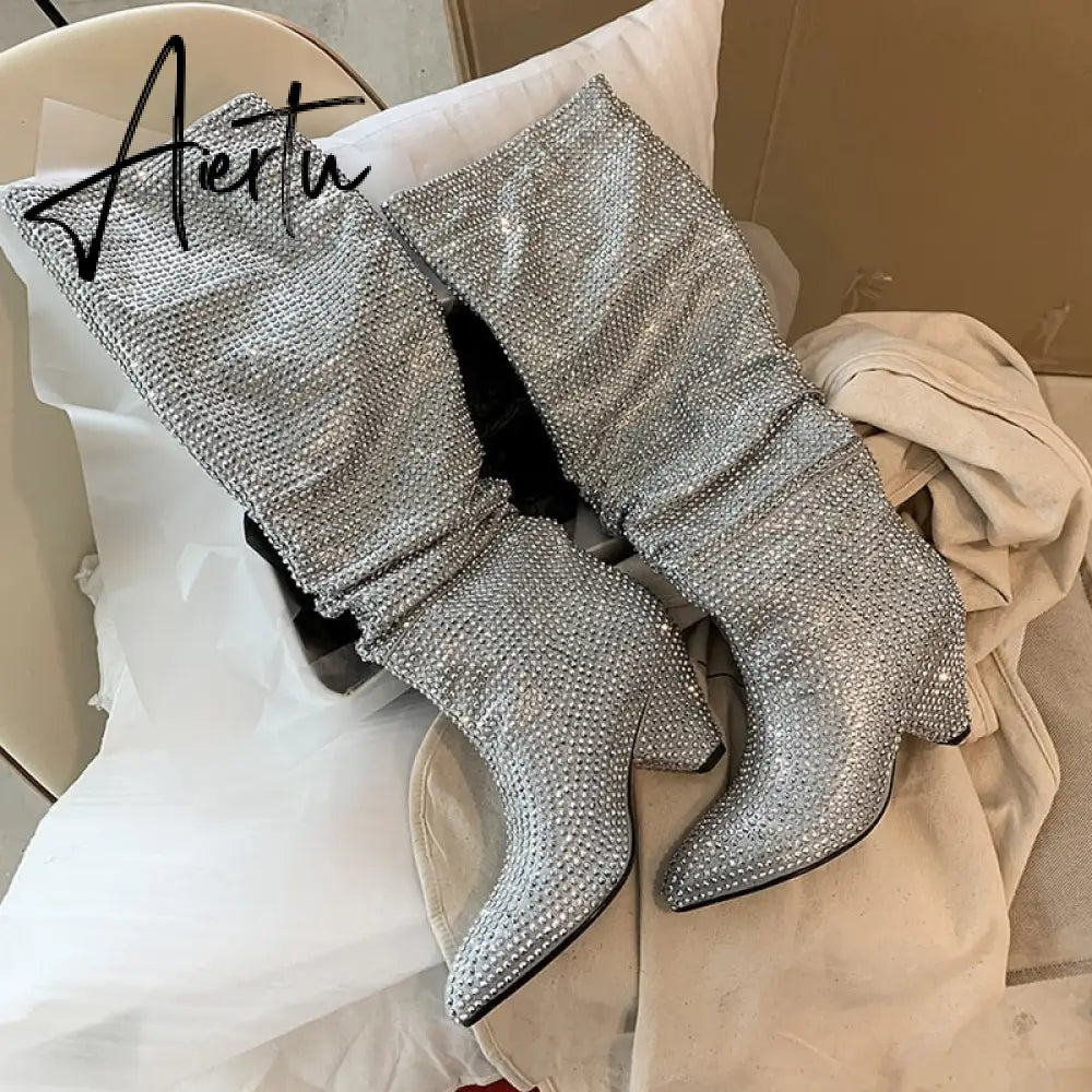 Aiertu New Crystal Shoes Woman Pointed Toe Over Knee High Boots Sexy Rhinestone Chunky Spike Heel Boots Ladies Shoes Botas Mujer Aiertu