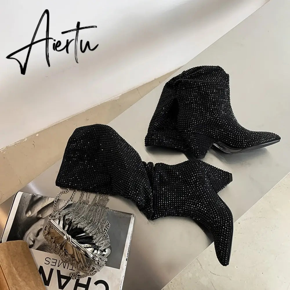 Aiertu New Crystal Shoes Woman Pointed Toe Over Knee High Boots Sexy Rhinestone Chunky Spike Heel Boots Ladies Shoes Botas Mujer Aiertu