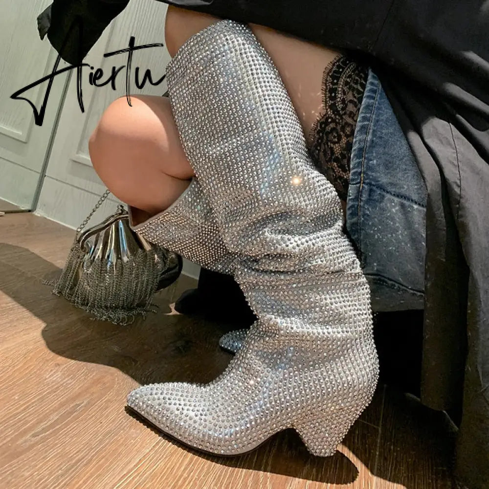 Aiertu New Crystal Shoes Woman Pointed Toe Over Knee High Boots Sexy Rhinestone Chunky Spike Heel Boots Ladies Shoes Botas Mujer Aiertu