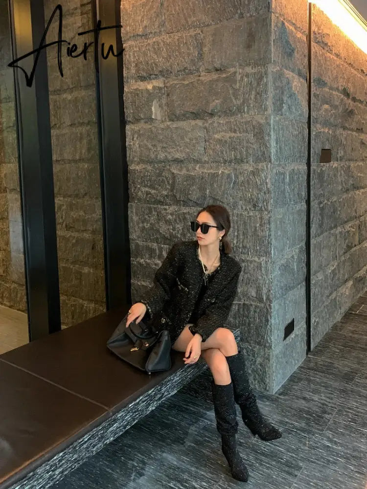 Aiertu New Crystal Shoes Woman Pointed Toe Over Knee High Boots Sexy Rhinestone Chunky Spike Heel Boots Ladies Shoes Botas Mujer Aiertu