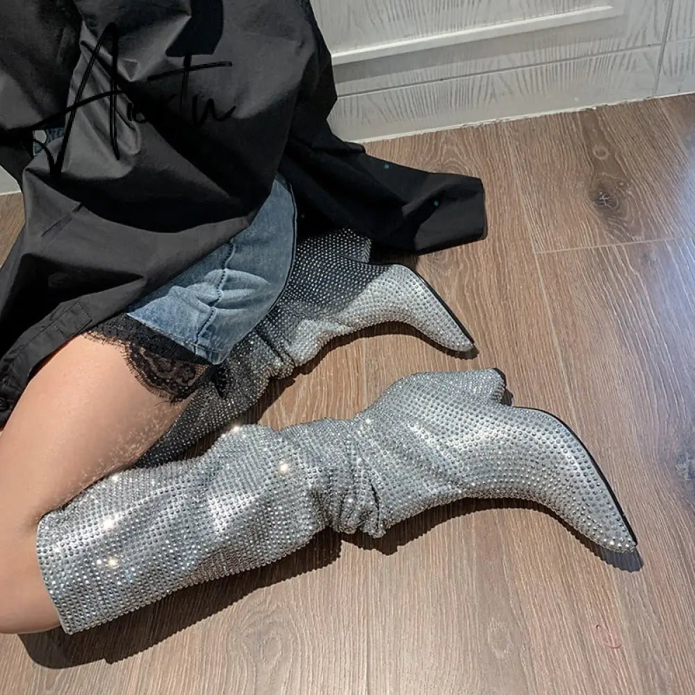 Aiertu New Crystal Shoes Woman Pointed Toe Over Knee High Boots Sexy Rhinestone Chunky Spike Heel Boots Ladies Shoes Botas Mujer Aiertu