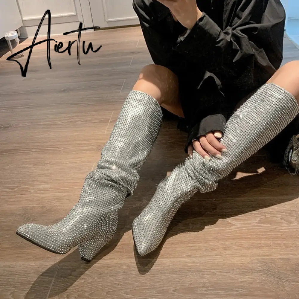 Aiertu New Crystal Shoes Woman Pointed Toe Over Knee High Boots Sexy Rhinestone Chunky Spike Heel Boots Ladies Shoes Botas Mujer Aiertu