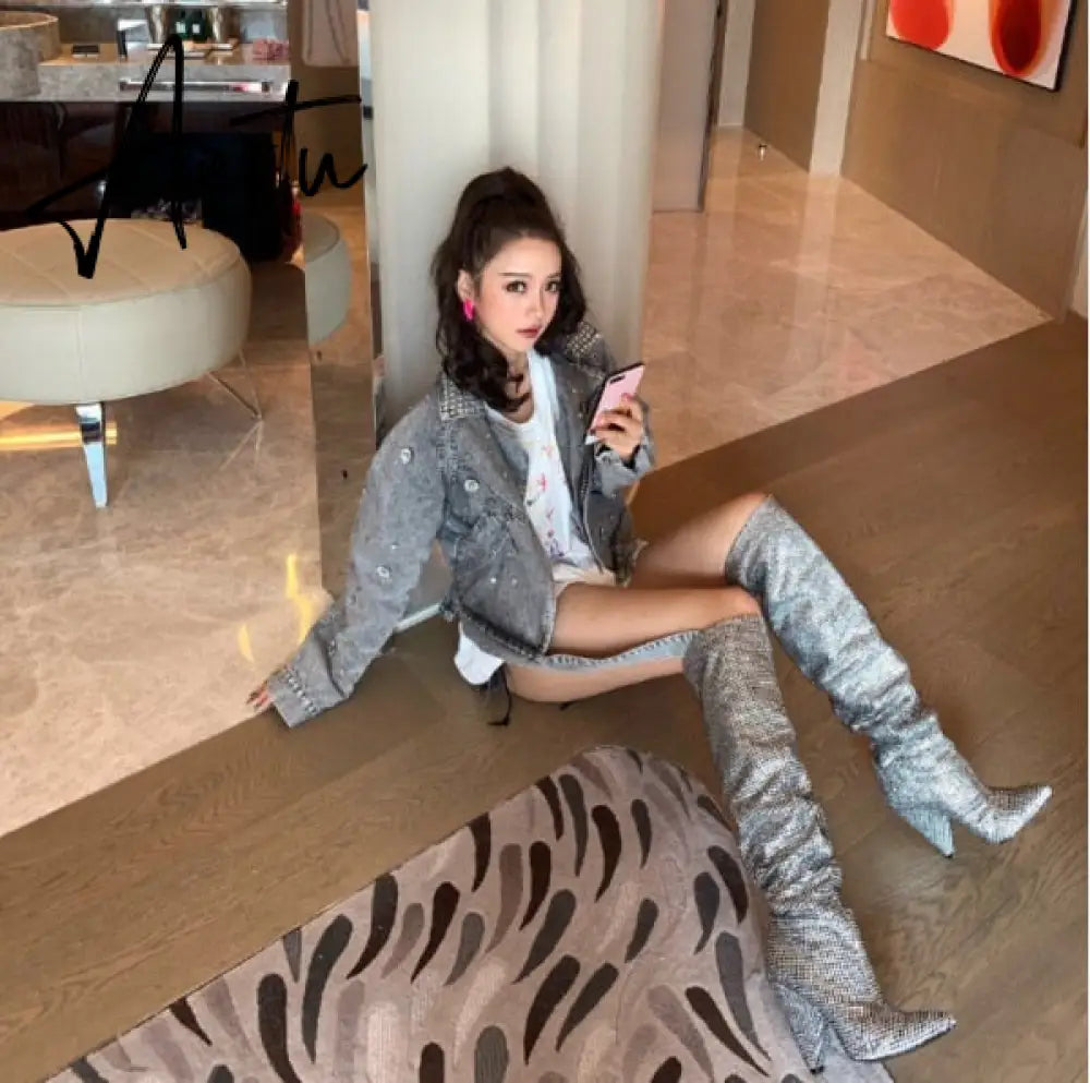 Aiertu New Crystal Shoes Woman Pointed Toe Over Knee High Boots Sexy Rhinestone Chunky Spike Heel Boots Ladies Shoes Botas Mujer Aiertu