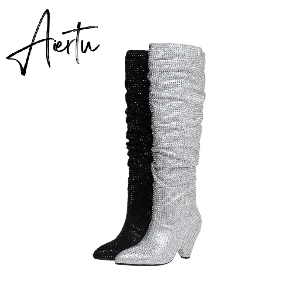 Aiertu New Crystal Shoes Woman Pointed Toe Over Knee High Boots Sexy Rhinestone Chunky Spike Heel Boots Ladies Shoes Botas Mujer Aiertu