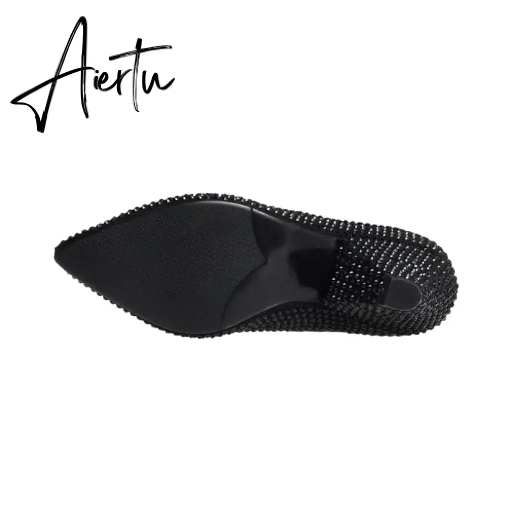 Aiertu New Crystal Shoes Woman Pointed Toe Over Knee High Boots Sexy Rhinestone Chunky Spike Heel Boots Ladies Shoes Botas Mujer Aiertu