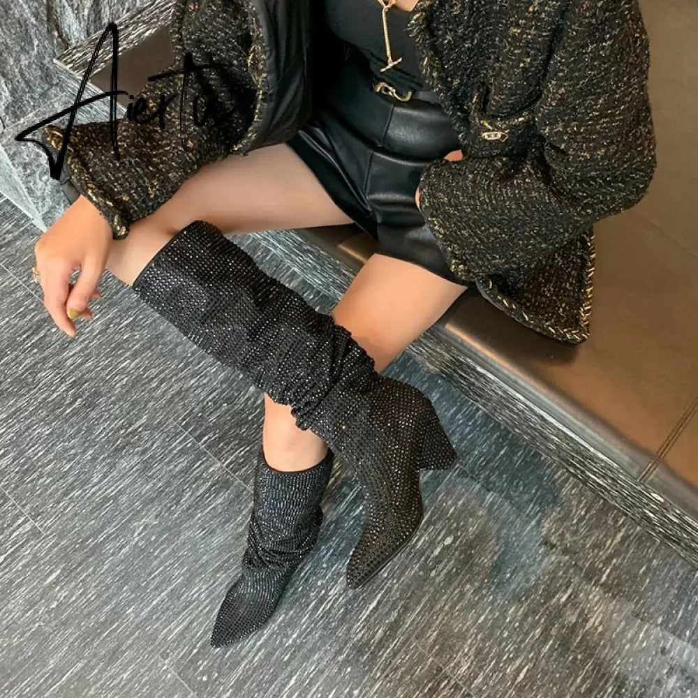 Aiertu New Crystal Shoes Woman Pointed Toe Over Knee High Boots Sexy Rhinestone Chunky Spike Heel Boots Ladies Shoes Botas Mujer Aiertu