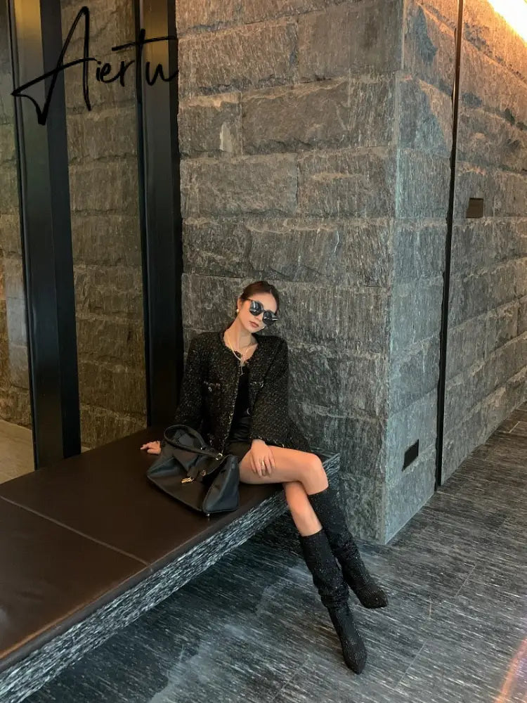 Aiertu New Crystal Shoes Woman Pointed Toe Over Knee High Boots Sexy Rhinestone Chunky Spike Heel Boots Ladies Shoes Botas Mujer Aiertu