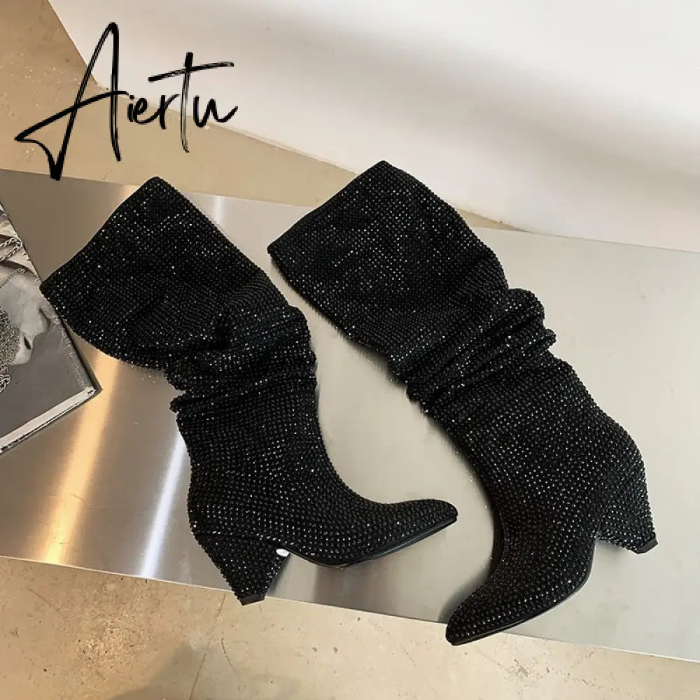 Aiertu New Crystal Shoes Woman Pointed Toe Over Knee High Boots Sexy Rhinestone Chunky Spike Heel Boots Ladies Shoes Botas Mujer Aiertu