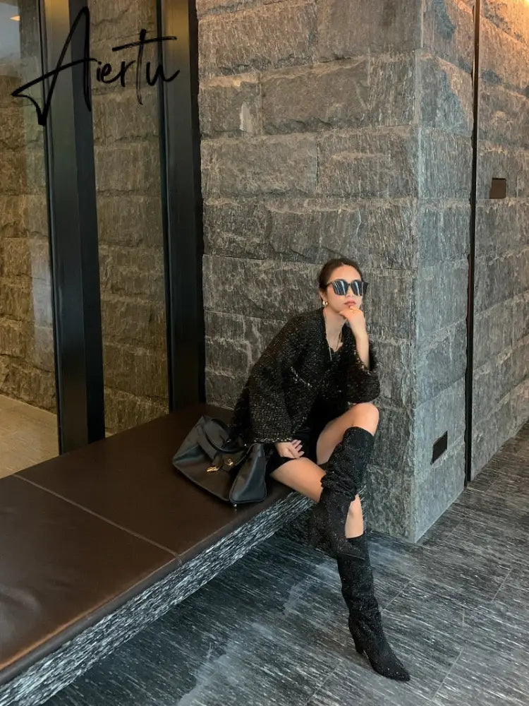 Aiertu New Crystal Shoes Woman Pointed Toe Over Knee High Boots Sexy Rhinestone Chunky Spike Heel Boots Ladies Shoes Botas Mujer Aiertu