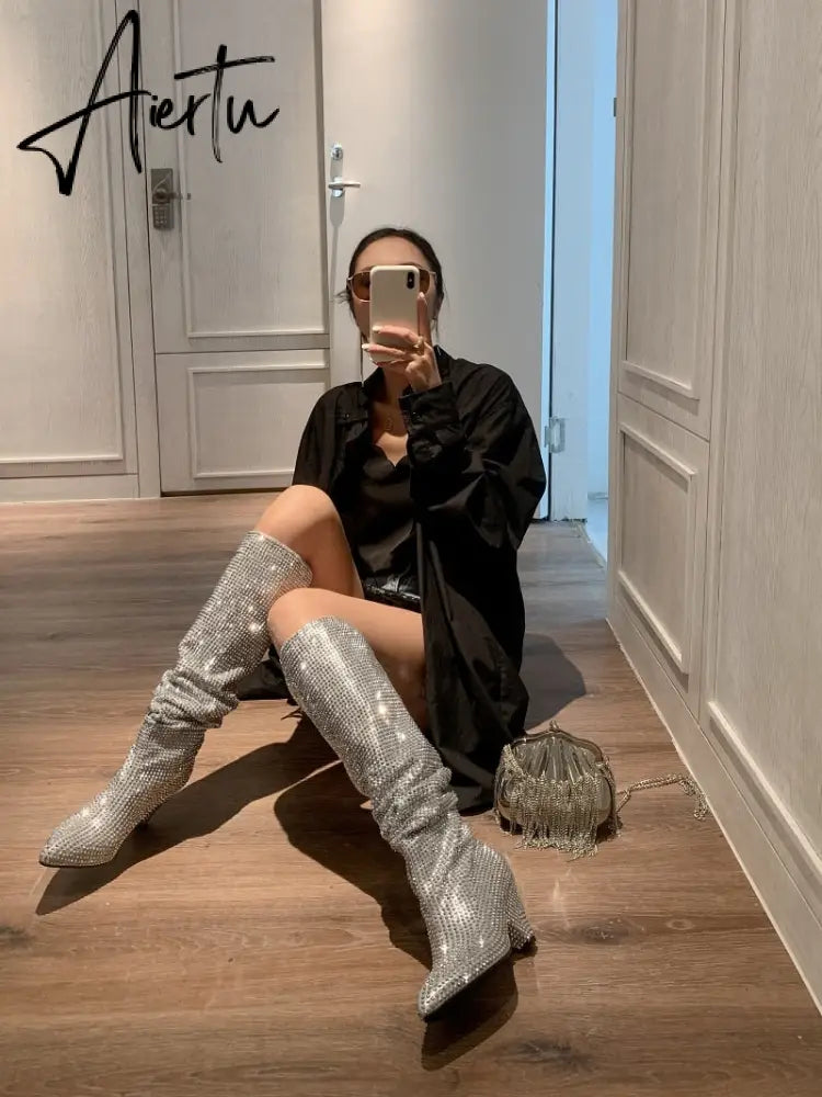 Aiertu New Crystal Shoes Woman Pointed Toe Over Knee High Boots Sexy Rhinestone Chunky Spike Heel Boots Ladies Shoes Botas Mujer Aiertu