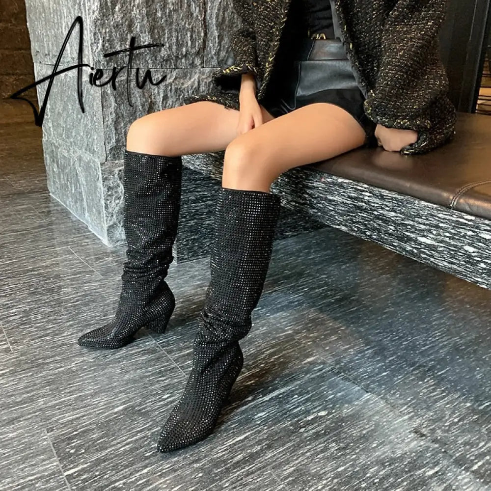 Aiertu New Crystal Shoes Woman Pointed Toe Over Knee High Boots Sexy Rhinestone Chunky Spike Heel Boots Ladies Shoes Botas Mujer Aiertu