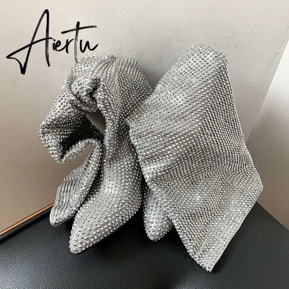 Aiertu New Crystal Shoes Woman Pointed Toe Over Knee High Boots Sexy Rhinestone Chunky Spike Heel Boots Ladies Shoes Botas Mujer Aiertu