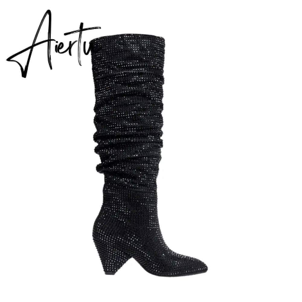 Aiertu New Crystal Shoes Woman Pointed Toe Over Knee High Boots Sexy Rhinestone Chunky Spike Heel Boots Ladies Shoes Botas Mujer Aiertu