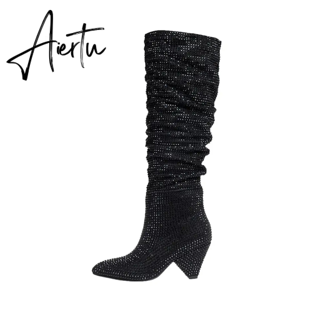 Aiertu New Crystal Shoes Woman Pointed Toe Over Knee High Boots Sexy Rhinestone Chunky Spike Heel Boots Ladies Shoes Botas Mujer Aiertu