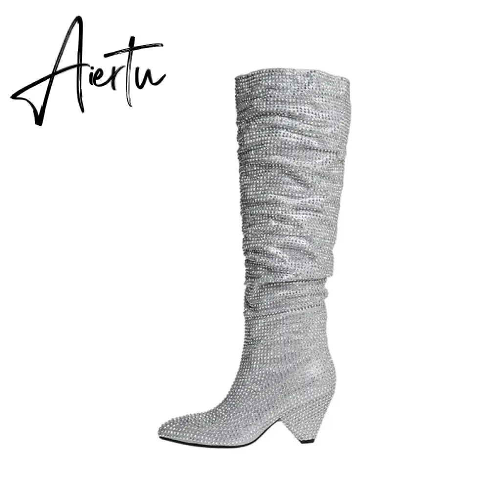 Aiertu New Crystal Shoes Woman Pointed Toe Over Knee High Boots Sexy Rhinestone Chunky Spike Heel Boots Ladies Shoes Botas Mujer Aiertu