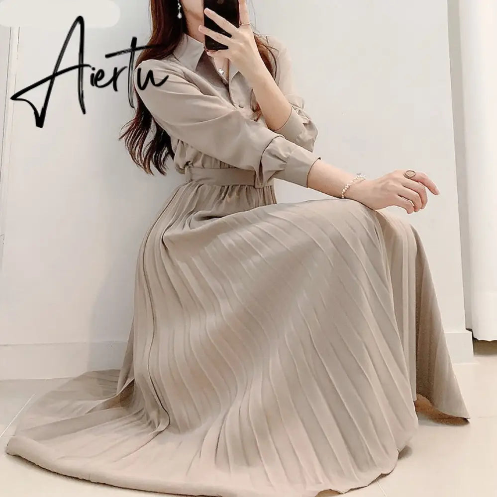 Aiertu New Design Japan Style Women Chic Korea Basic Wear Casual Robe Solid Cotton Blend Vintage Long Maxi Shirt Dress Belt Vestidos Aiertu
