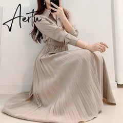 Aiertu New Design Japan Style Women Chic Korea Basic Wear Casual Robe Solid Cotton Blend Vintage Long Maxi Shirt Dress Belt Vestidos Aiertu