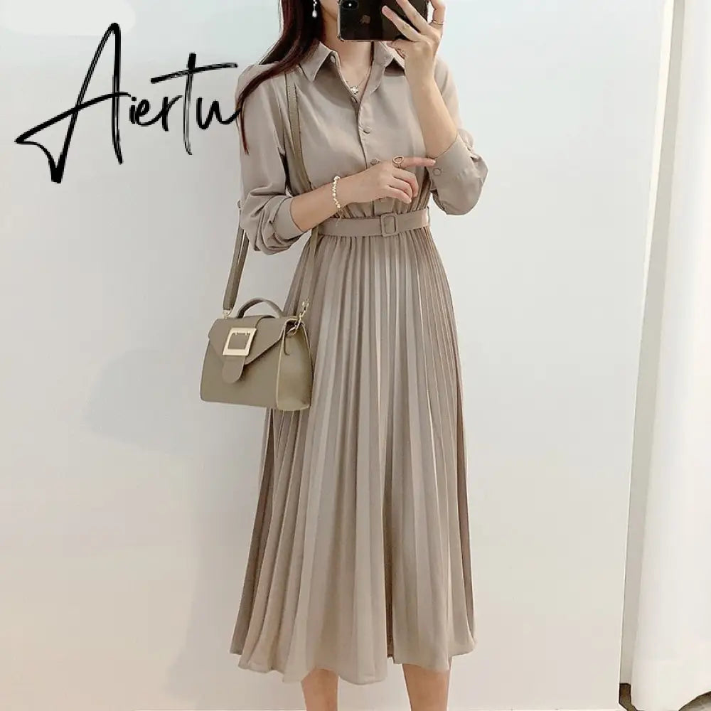 Aiertu New Design Japan Style Women Chic Korea Basic Wear Casual Robe Solid Cotton Blend Vintage Long Maxi Shirt Dress Belt Vestidos Aiertu