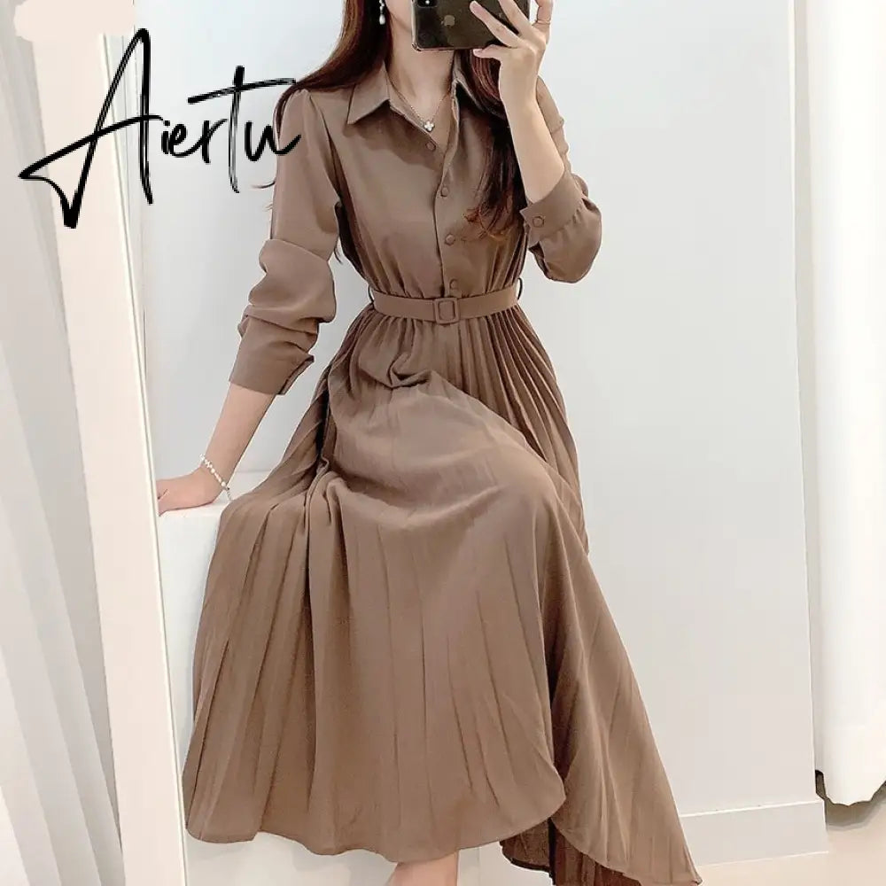 Aiertu New Design Japan Style Women Chic Korea Basic Wear Casual Robe Solid Cotton Blend Vintage Long Maxi Shirt Dress Belt Vestidos Aiertu