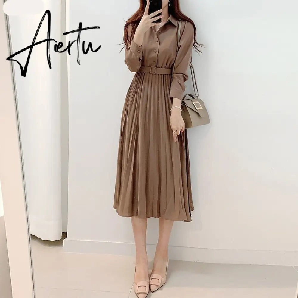 Aiertu New Design Japan Style Women Chic Korea Basic Wear Casual Robe Solid Cotton Blend Vintage Long Maxi Shirt Dress Belt Vestidos Aiertu