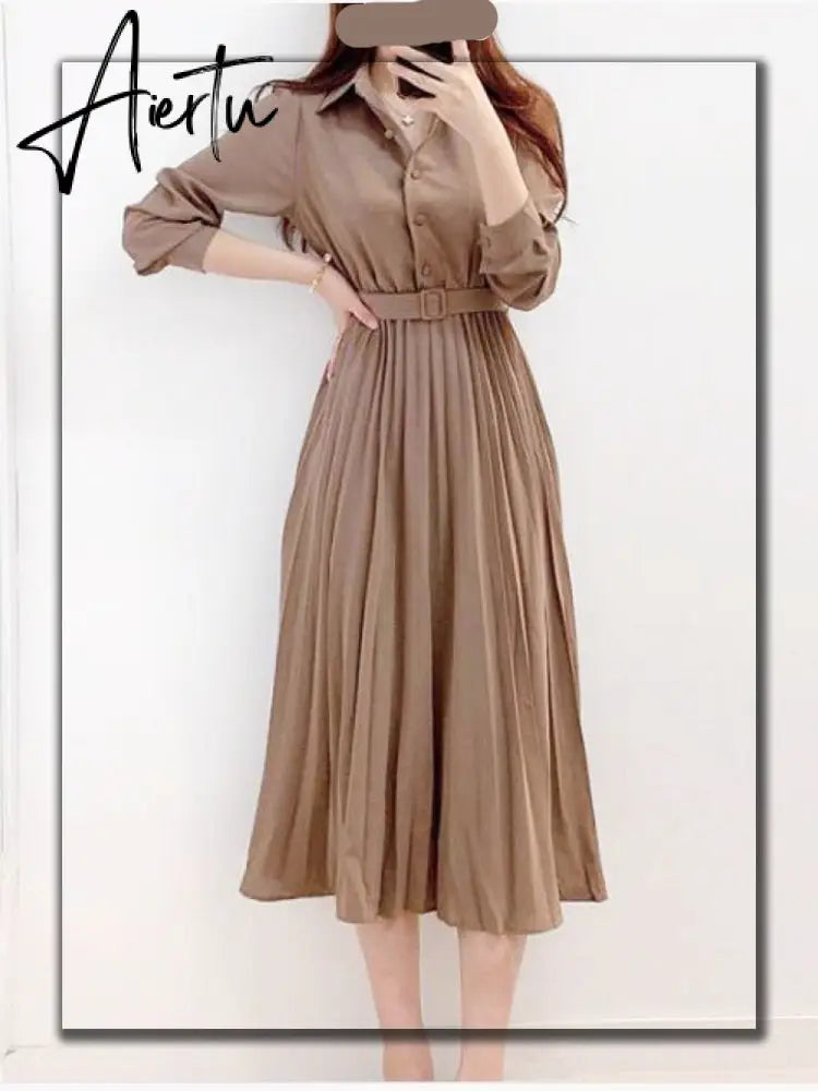 Aiertu New Design Japan Style Women Chic Korea Basic Wear Casual Robe Solid Cotton Blend Vintage Long Maxi Shirt Dress Belt Vestidos Aiertu