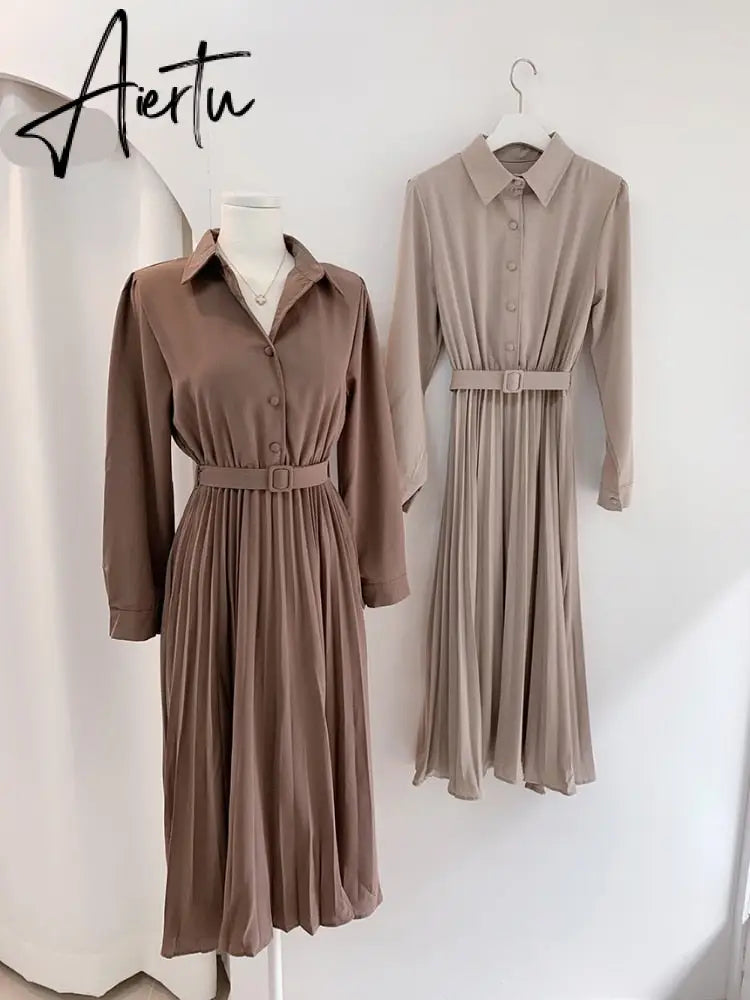 Aiertu New Design Japan Style Women Chic Korea Basic Wear Casual Robe Solid Cotton Blend Vintage Long Maxi Shirt Dress Belt Vestidos Aiertu