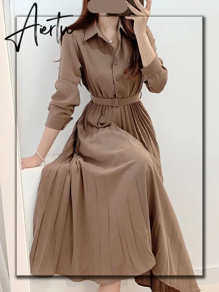 Aiertu New Design Japan Style Women Chic Korea Basic Wear Casual Robe Solid Cotton Blend Vintage Long Maxi Shirt Dress Belt Vestidos Aiertu