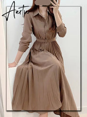Aiertu New Design Japan Style Women Chic Korea Basic Wear Casual Robe Solid Cotton Blend Vintage Long Maxi Shirt Dress Belt Vestidos Aiertu