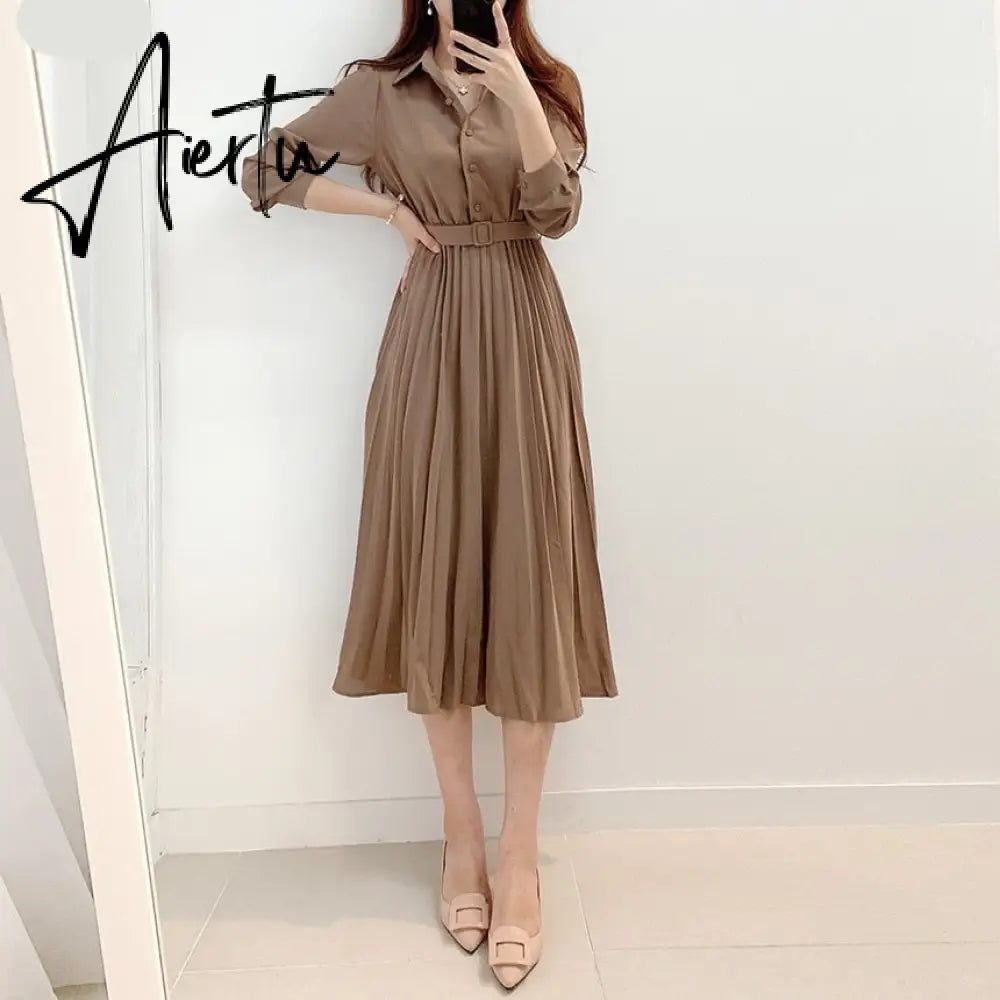 Aiertu New Design Japan Style Women Chic Korea Basic Wear Casual Robe Solid Cotton Blend Vintage Long Maxi Shirt Dress Belt Vestidos Aiertu