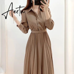 Aiertu New Design Japan Style Women Chic Korea Basic Wear Casual Robe Solid Cotton Blend Vintage Long Maxi Shirt Dress Belt Vestidos Aiertu