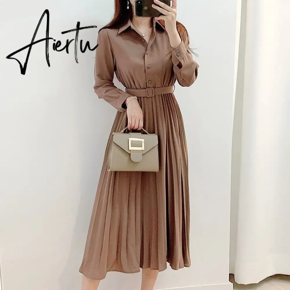 Aiertu New Design Japan Style Women Chic Korea Basic Wear Casual Robe Solid Cotton Blend Vintage Long Maxi Shirt Dress Belt Vestidos Aiertu