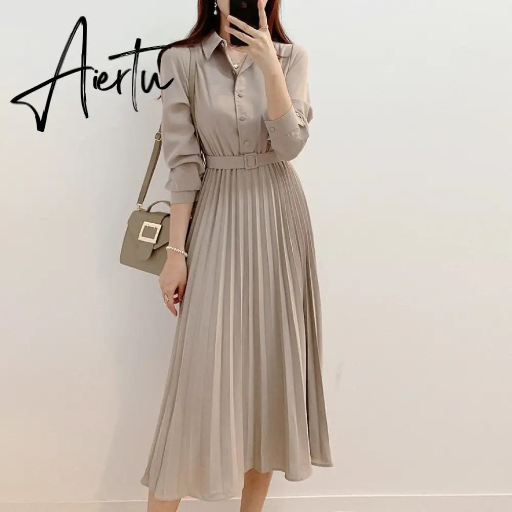 Aiertu New Design Japan Style Women Chic Korea Basic Wear Casual Robe Solid Cotton Blend Vintage Long Maxi Shirt Dress Belt Vestidos Aiertu