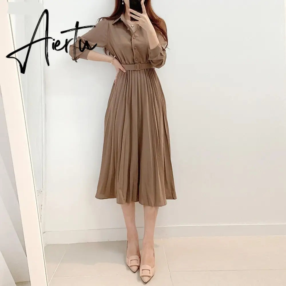 Aiertu New Design Japan Style Women Chic Korea Basic Wear Casual Robe Solid Cotton Blend Vintage Long Maxi Shirt Dress Belt Vestidos Aiertu