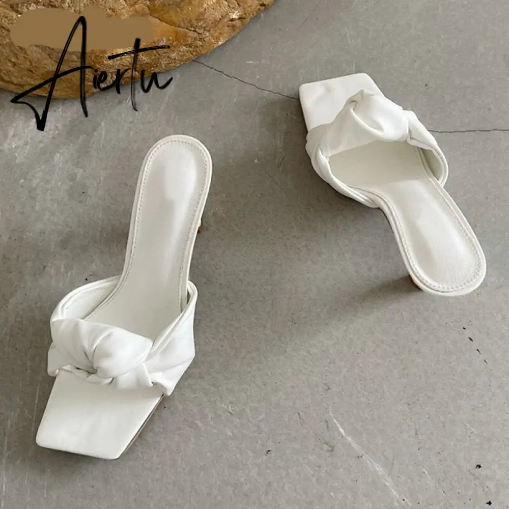 Aiertu New Design Pleated PU Leather Ladies Slippers Fashion Square Toe Sandals Women Leisure Sliders Shoes Low Thin High Heels Aiertu