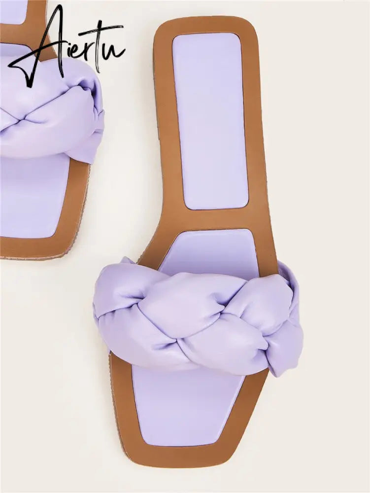 Aiertu New Design Weaving PU Leather Slip-On Women Flat Shoes Casual Beach Slippers Fashion Square Toe Ladies Sandals Slides Aiertu