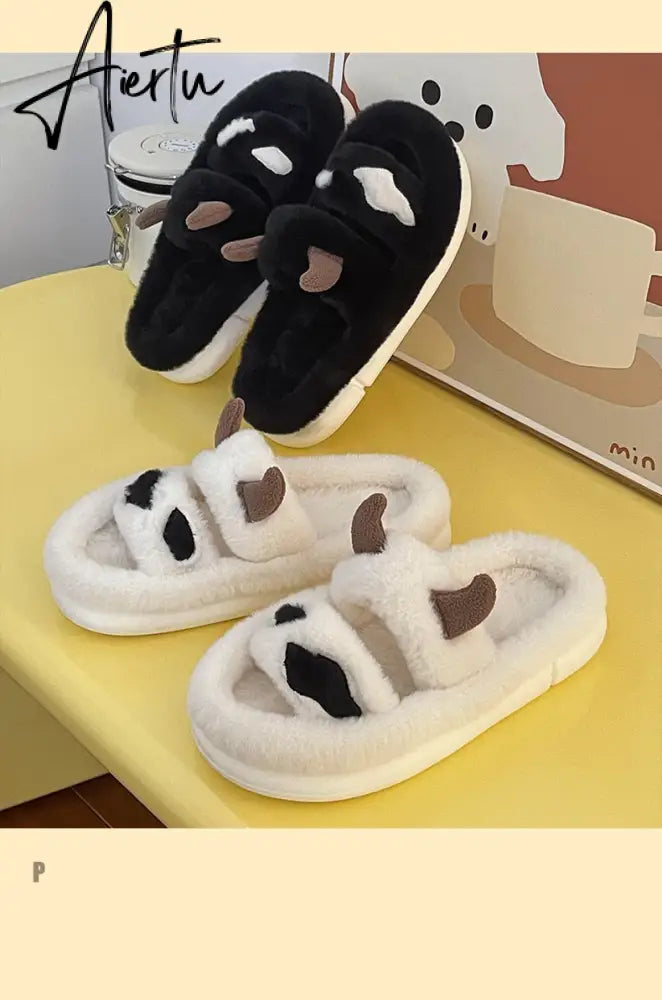 Aiertu New Design Women Winter House Furry Slippers Couple Fluffy Fur Home Slides Flat Indoor Floor Shoes Ladies Cute Flip Flops Aiertu