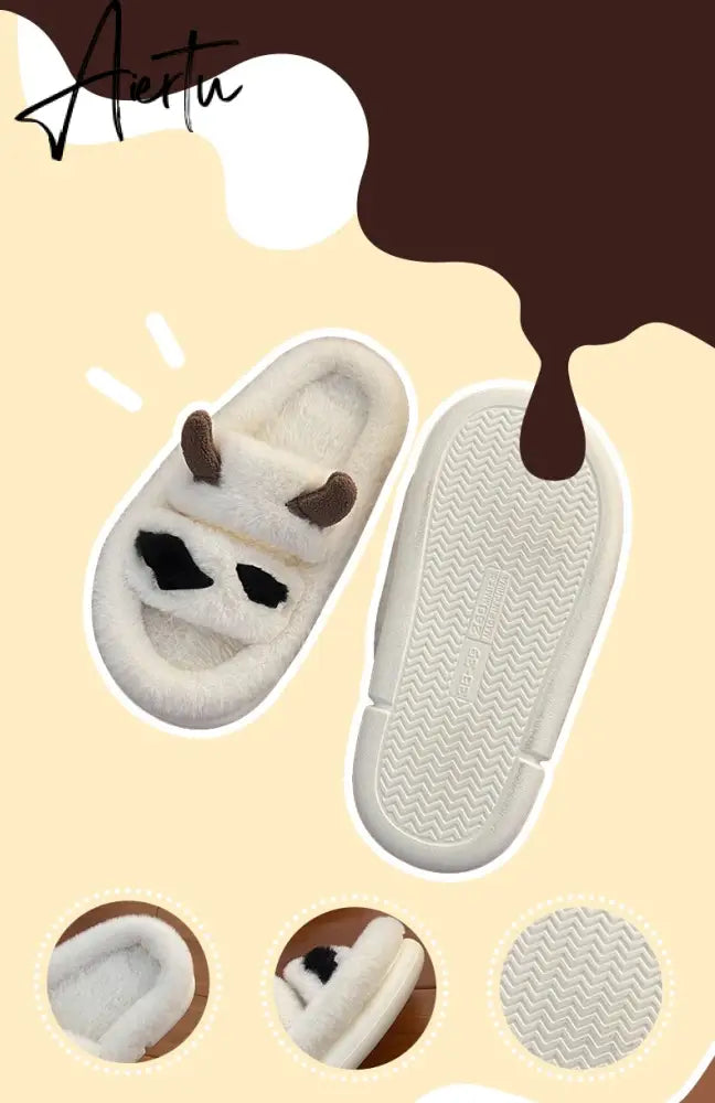 Aiertu New Design Women Winter House Furry Slippers Couple Fluffy Fur Home Slides Flat Indoor Floor Shoes Ladies Cute Flip Flops Aiertu