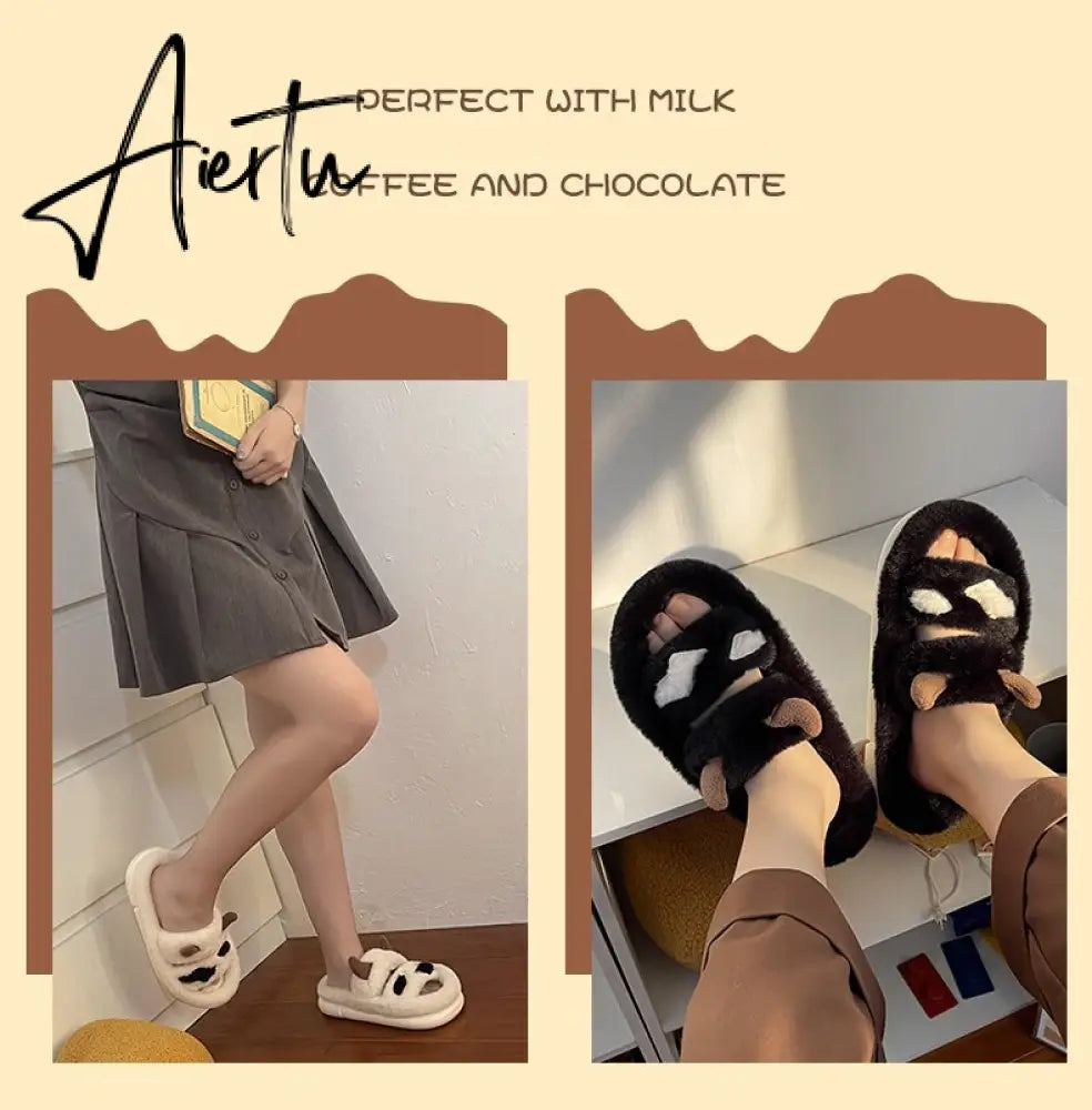 Aiertu New Design Women Winter House Furry Slippers Couple Fluffy Fur Home Slides Flat Indoor Floor Shoes Ladies Cute Flip Flops Aiertu