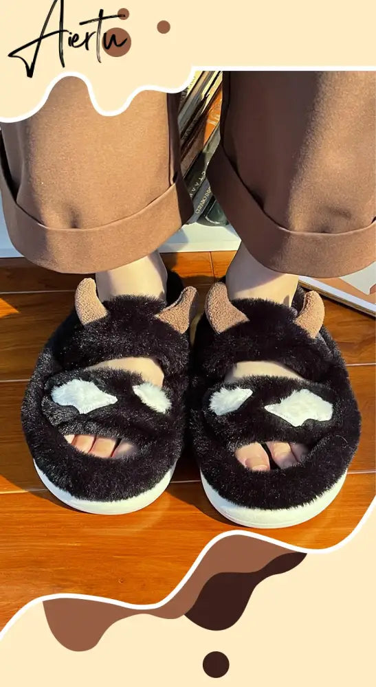 Aiertu New Design Women Winter House Furry Slippers Couple Fluffy Fur Home Slides Flat Indoor Floor Shoes Ladies Cute Flip Flops Aiertu