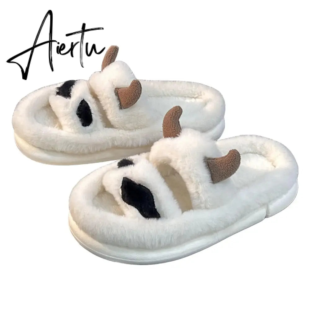 Aiertu New Design Women Winter House Furry Slippers Couple Fluffy Fur Home Slides Flat Indoor Floor Shoes Ladies Cute Flip Flops Aiertu