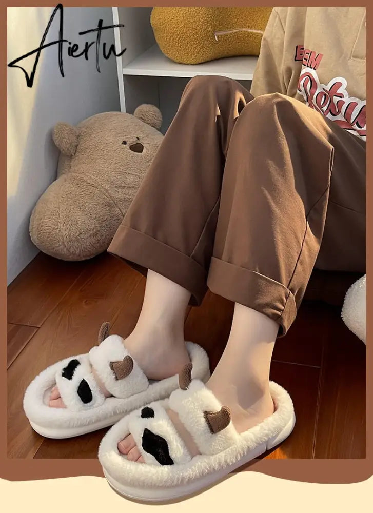 Aiertu New Design Women Winter House Furry Slippers Couple Fluffy Fur Home Slides Flat Indoor Floor Shoes Ladies Cute Flip Flops Aiertu