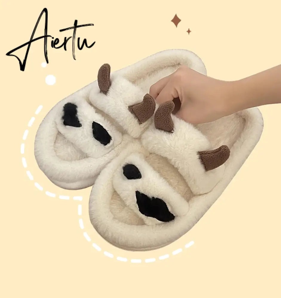 Aiertu New Design Women Winter House Furry Slippers Couple Fluffy Fur Home Slides Flat Indoor Floor Shoes Ladies Cute Flip Flops Aiertu