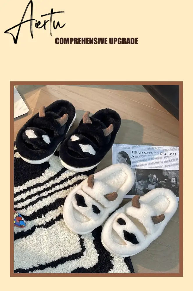 Aiertu New Design Women Winter House Furry Slippers Couple Fluffy Fur Home Slides Flat Indoor Floor Shoes Ladies Cute Flip Flops Aiertu