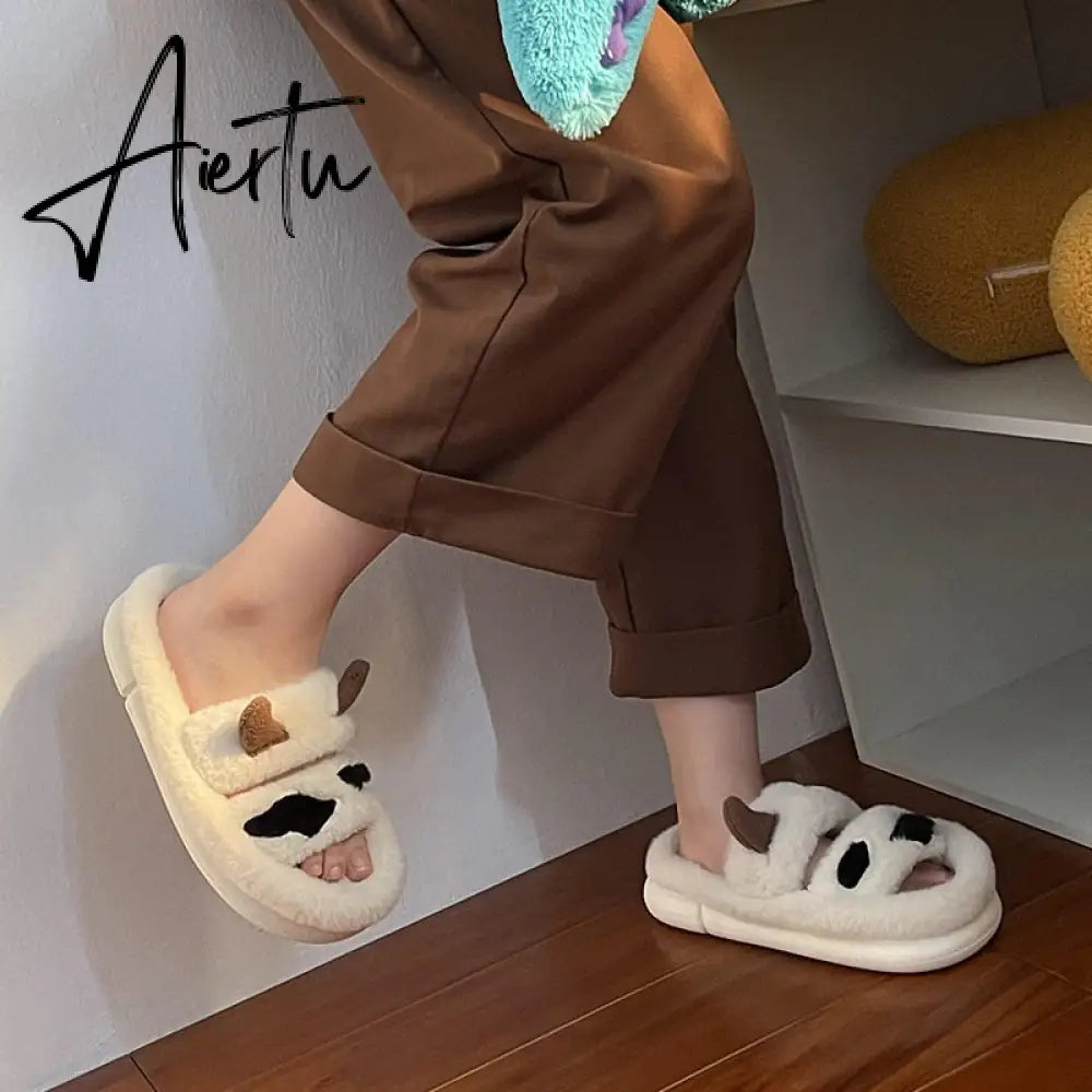 Aiertu New Design Women Winter House Furry Slippers Couple Fluffy Fur Home Slides Flat Indoor Floor Shoes Ladies Cute Flip Flops Aiertu