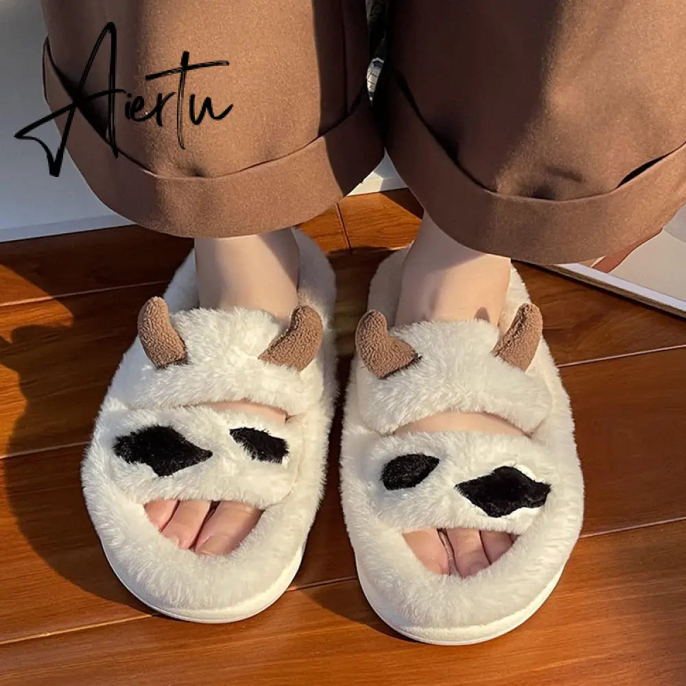 Aiertu New Design Women Winter House Furry Slippers Couple Fluffy Fur Home Slides Flat Indoor Floor Shoes Ladies Cute Flip Flops Aiertu
