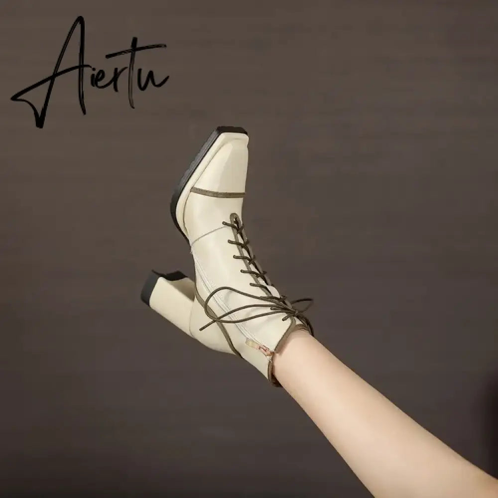 Aiertu NEW Fall Shoes Women Square Toe Chunky Boots for Women Winter Genuine Leather Boots High Heel Platform Boots Elegent Girl Shoes Aiertu