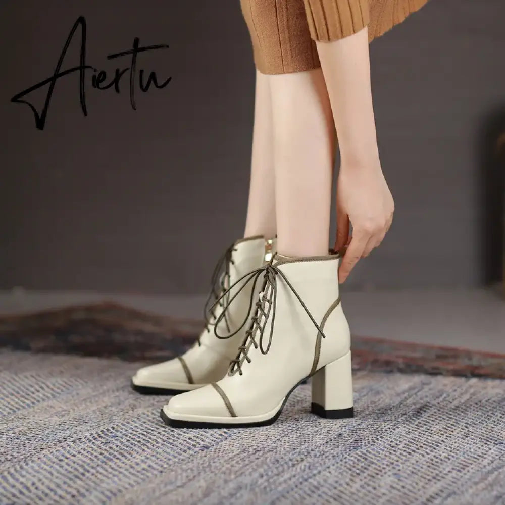 Aiertu NEW Fall Shoes Women Square Toe Chunky Boots for Women Winter Genuine Leather Boots High Heel Platform Boots Elegent Girl Shoes Aiertu
